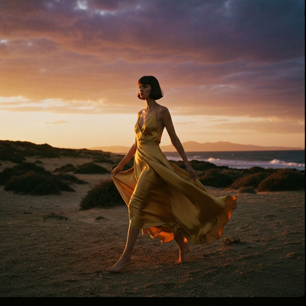 Campaign photograph - Model in golden silk dress on Mediterranean coastline