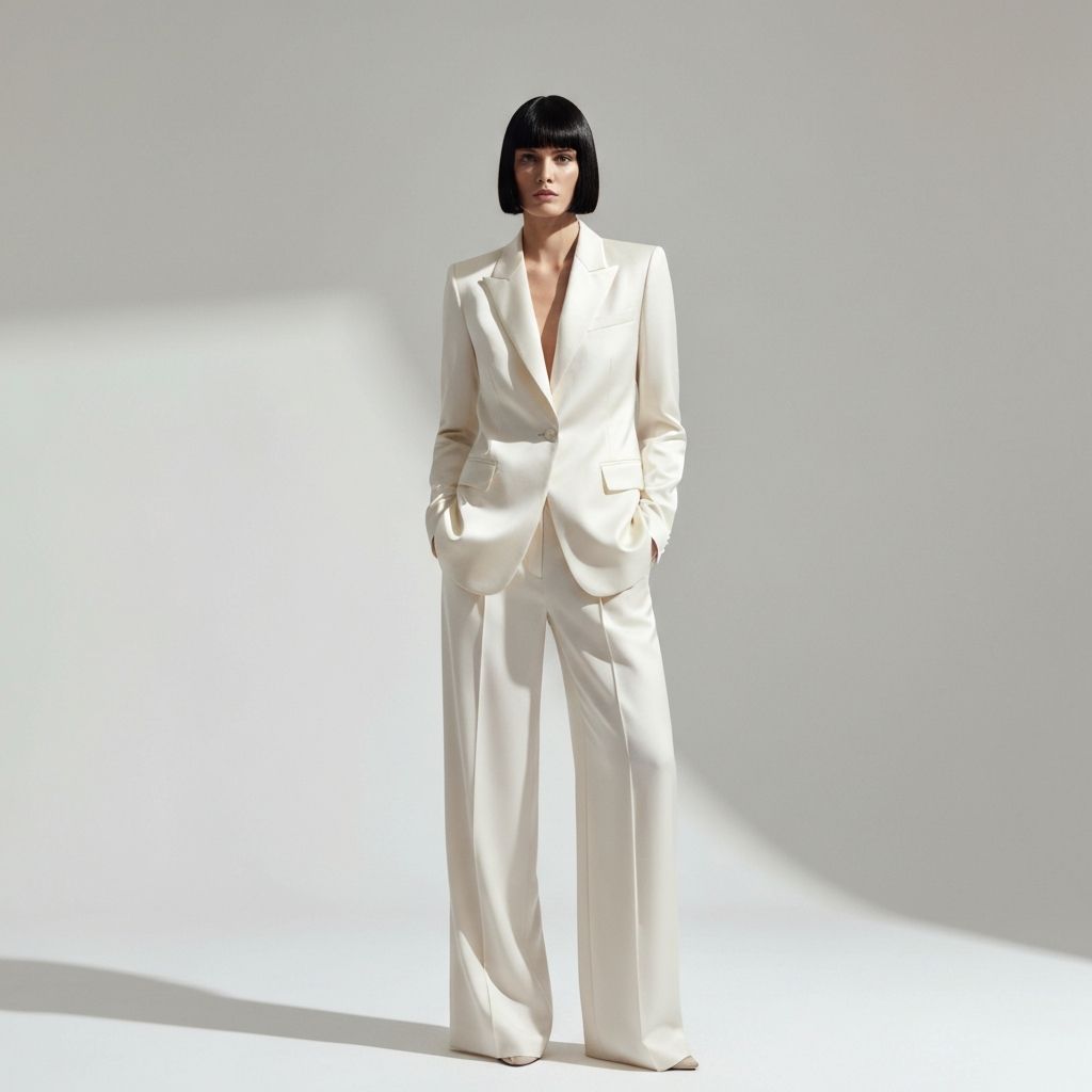 Model wearing an elegant tailored ivory silk blazer