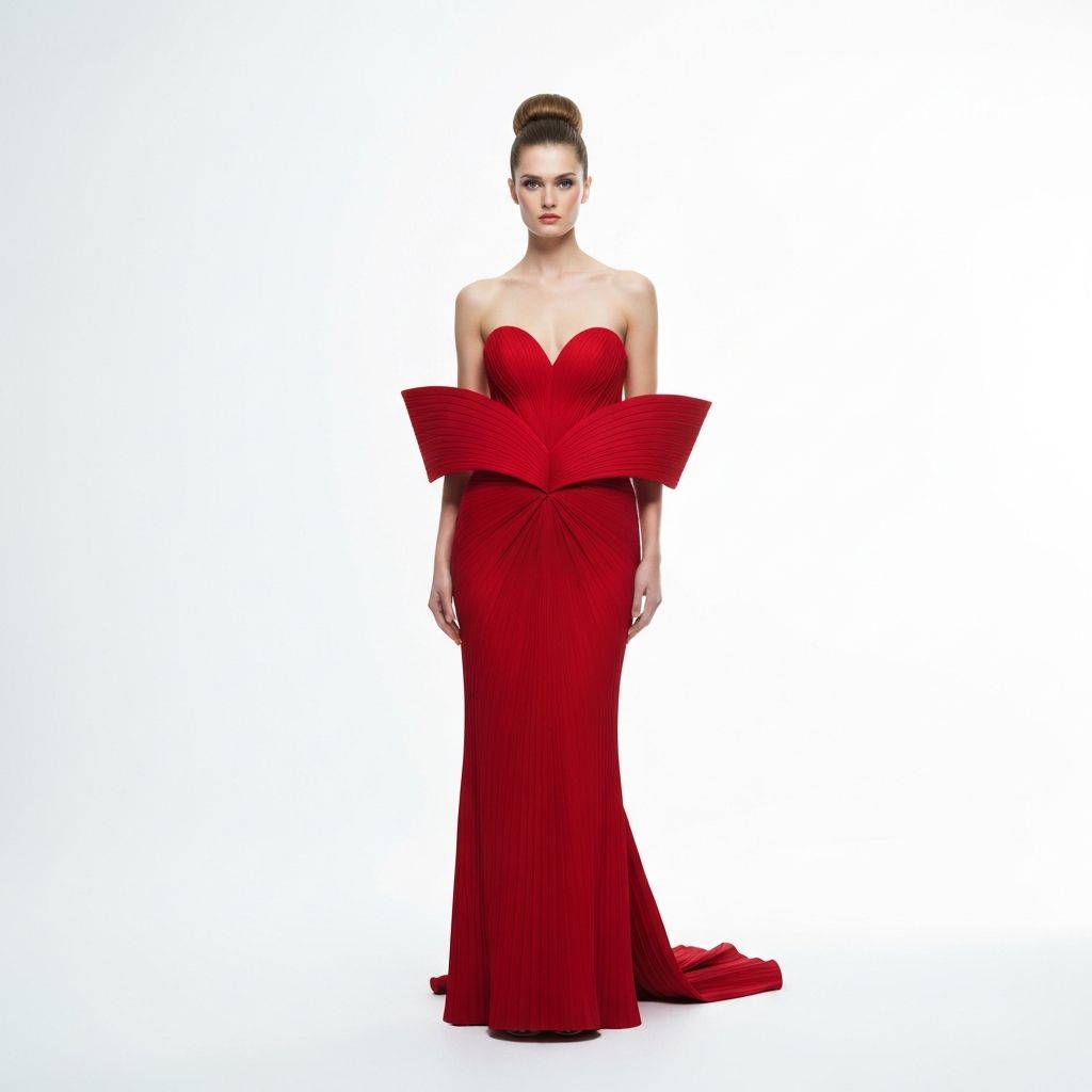 Model in a dramatic sculptural red evening gown