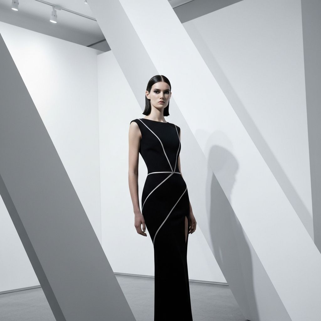 Model wearing a sleek black minimalist cocktail dress