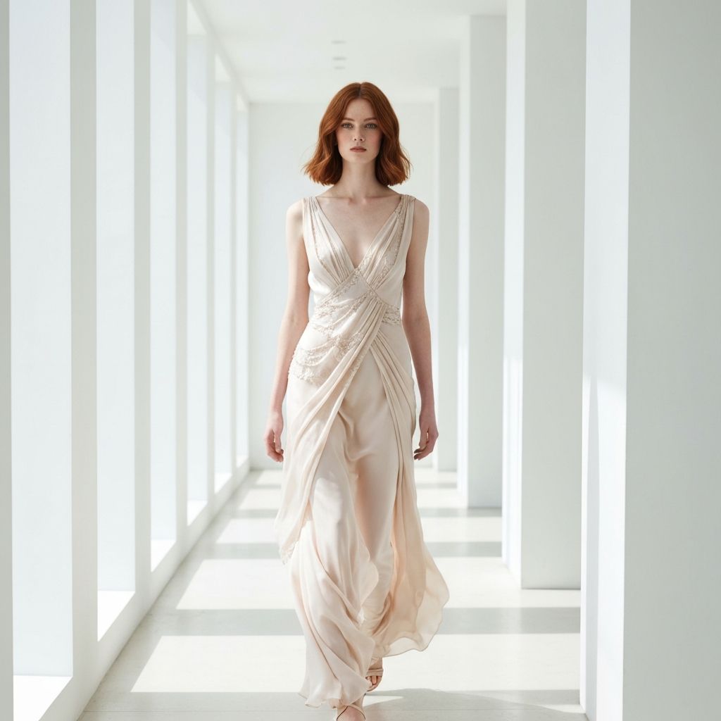 Model in an ethereal pale champagne silk flowing dress