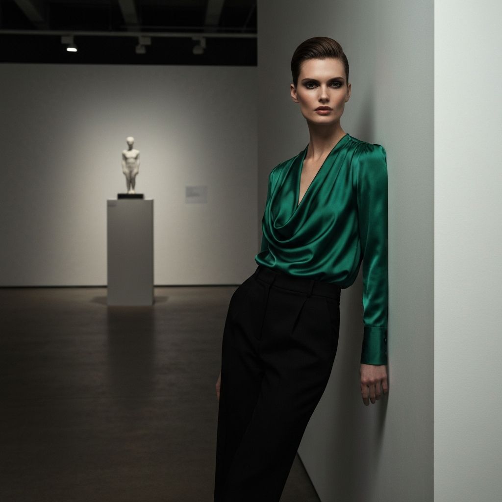 Model in emerald green satin blouse in a contemporary art gallery