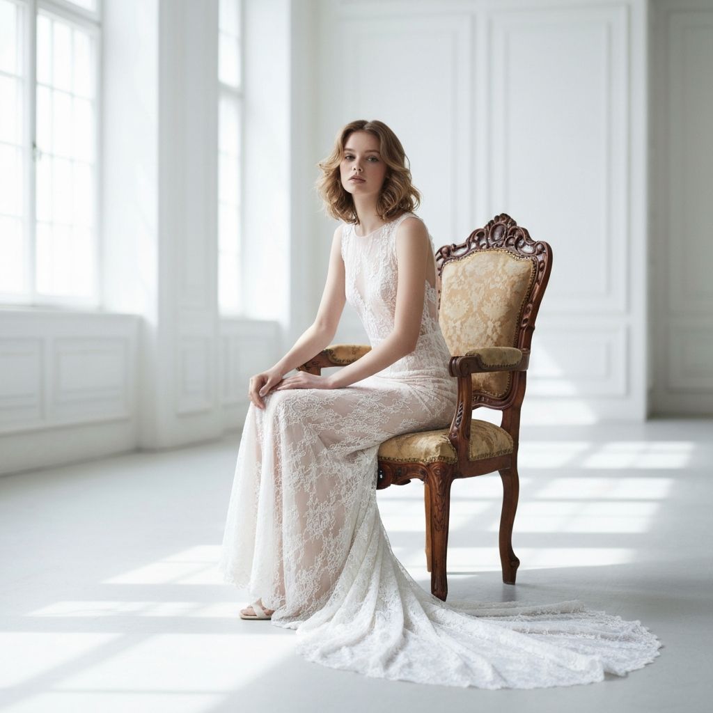 Model in delicate white lace haute couture gown